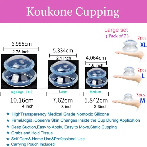 Vista 5 de 否 Koukone - Juego de 7 vasos de silicona para terapia de ventosas transparentes para terapia de ventosas médicas al vacío y tazas de masaje