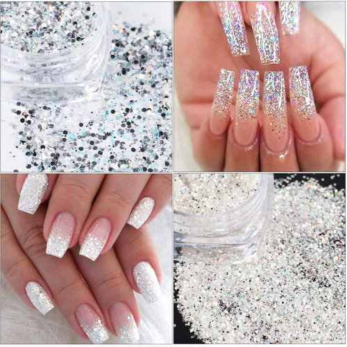Vista 3 de Kits de arte de uñas holográficas, 6 cajas 3D con purpurina metálica brillante en copos acrílicos en polvo y lentejuelas para decoración holográfica