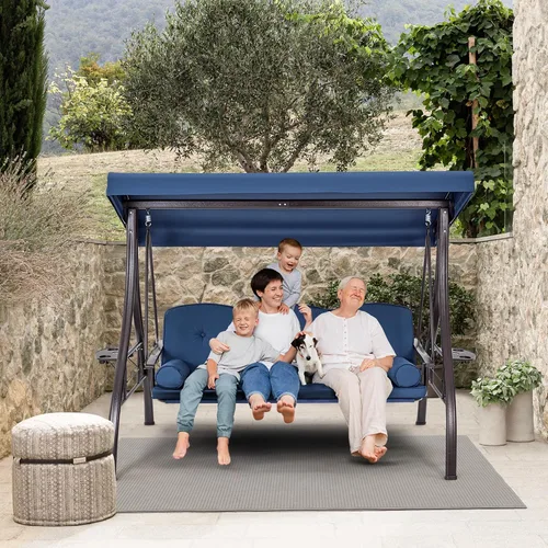 Vista 8 de HOMREST Columpio para porche al aire libre para 3 personas con portavasos mejorado de 1.5 pulgadas, toldo ajustable, respaldo, cama columpio