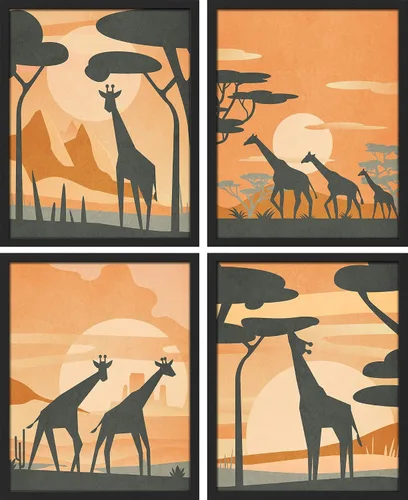 Vista 167 de SIGNWIN Marco de arte de pared de jirafa de safari africano, juego de 4 impresiones coloridas de paisaje, decoración de pared de naturaleza