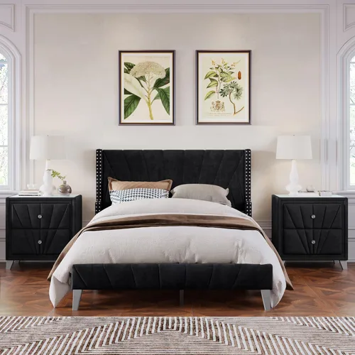 Vista 4 de Marco de cama tapizado de terciopelo contemporáneo con acolchado de canal y ribete de cabeza de clavos, no necesita somier (negro, matrimonial)