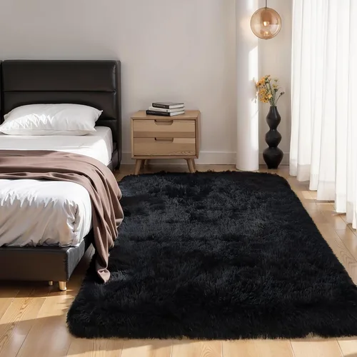 Vista 9 de KICHOWUA - Tapete grueso y esponjoso de 3 x 5 pies, color negro, ultrasuave, lavable, antideslizante, acogedor y peludo, para sala, dormitorio