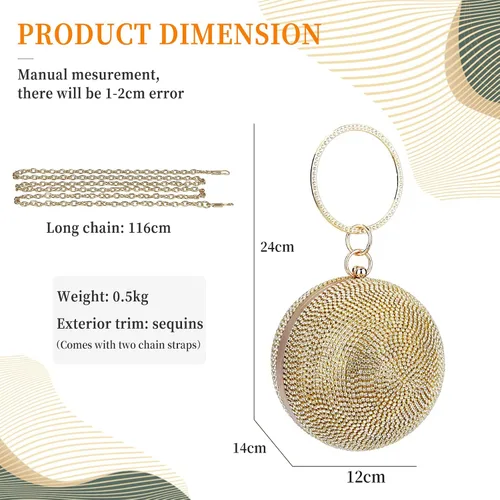 Vista 3 de Bolso de mano redondo de cristal para mujer, bolso de noche con diamantes de imitación, lentejuelas brillantes, bolso de hombro con purpurina, bolso