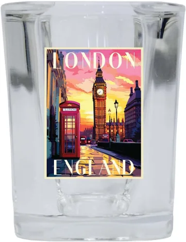 Vista 4 de London England Design B Souvenir - Vaso de chupito cuadrado de 2.5 onzas, base azul, paquete de 2