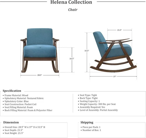 Vista 3 de Lexicon Helena - Mecedora de madera de tela de 28.5 pulgadas de ancho, color azul