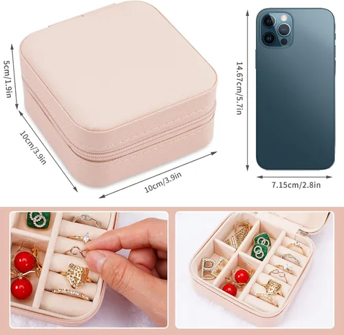 Vista 7 de XZUZ Pequeñas cajas de joyería de viaje, organizador de joyas portátil, cajas de almacenamiento para aretes, anillos, collares, cajas de joyería