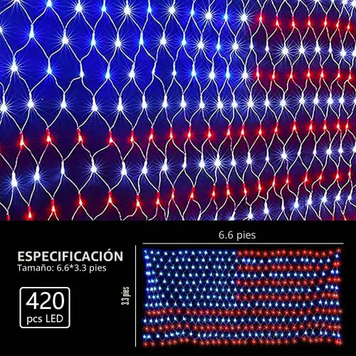 Vista 3 de Luces solares de bandera estadounidense, 420 luces LED impermeables de red de bandera estadounidense, decoraciones del día de la independencia, 8
