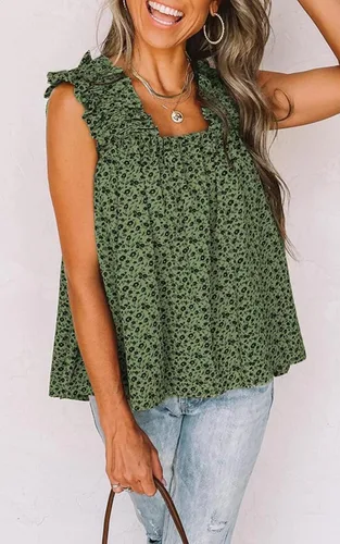 Vista 3 de PRETTYGARDEN Camisetas sin mangas con estampado floral bohemio para mujer, con tirantes fruncidos, plisadas, para verano, casuales, para la playa