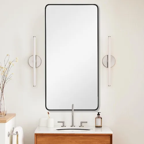 Vista 14 de Espejo rectangular de baño de 30 x 30 pulgadas con marco de metal negro, espejo rectangular de esquina redondeada para pared, moderno y grande