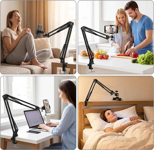 Vista 6 de Montura de trípode sobre la cabeza para cámara, webcam y anillo de luz, brazo flexible sobre la cabeza para iPhone con soporte para teléfono