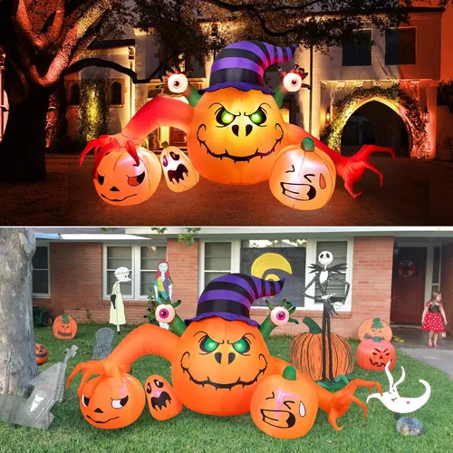 Vista 8 de Decoraciones inflables de Halloween de 8 pies de largo, decoraciones de calabaza con luces LED integradas, linterna inflable para interiores