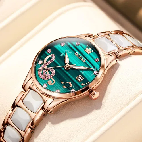 Vista 3 de OLEVS Relojes para mujer, oro rosa, de dos tonos, de moda, de cerámica, blanco, esfera rosa, roja, acero inoxidable, fecha impermeable