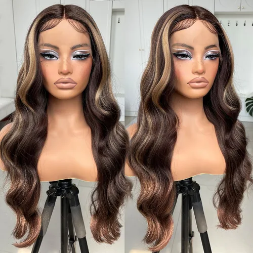 Vista 16 de #27 Peluca de encaje frontal rubia miel sin pegamento, onda corporal, pelucas de encaje frontal sintéticas prediseñadas, con línea de cabello