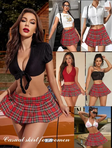 Vista 5 de Avidlove Minifalda plisada de tiro bajo Y2K a cuadros para mujer A-Rojo