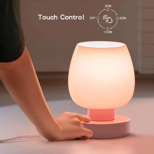 Vista 3 de Lámpara de Mesa de Noche Táctil - Lámpara Pequeña Rosa para Dormitorio con Puertos de Carga USB C+A, Regulable de 3 Niveles, Lámpara de Escritorio