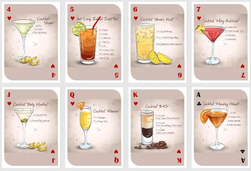 Vista 4 de Naipes para beber. Naipes con recetas de cócteles. Naipes de fiesta. Naipes estándar. Cartas de póquer. Cartas de puente.