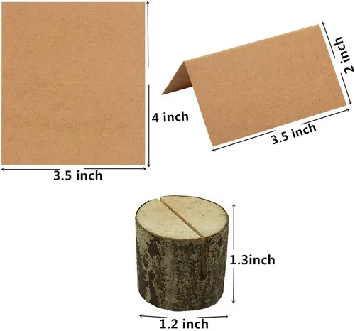 Vista 2 de 20 soportes para números de mesa de madera rústica y 30 tarjetas de lugar de mesa de papel de estraza para colocar tarjetas de lugar de madera