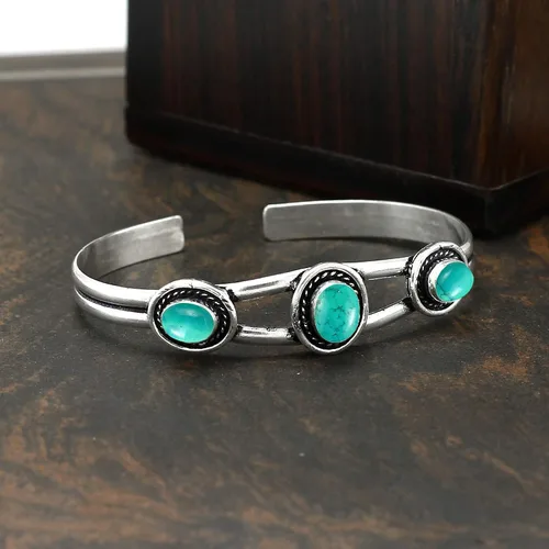 Vista 4 de Natural Three Gemstones 925 Silver Overlay Open Bangle for Women - Oval Stone Vintage Style Handmade Adjustable Cuff Bracelet Jewelry - Perfect for