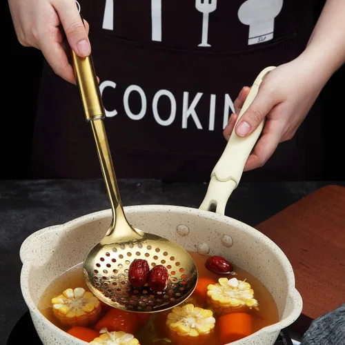 Vista 6 de Berglander Espumador, Colador de Acero Inoxidable Dorado, Cocina Dorada con Chapado de Titanio, Cucharas Ranuradas, Para Cocina, Colador de Metal