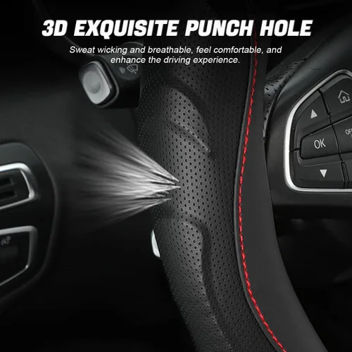 Vista 3 de Funda de volante de cuero, protector elástico de volante de auto, funda de volante universal de 15 pulgadas antideslizante transpirable sin olor