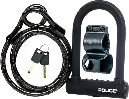 Vista 2 de Police Cerradura en U para bicicleta resistente con cable – Cerradura de bicicleta de acero endurecido de 1 pulgada, cable resistente a los cortes