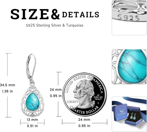 Vista 230 de Aretes colgantes de plata de ley con diseño de árbol de la vida, flor, abeja, animales, gato, colibrí, piedra lunar, turquesa, aretes con cierre