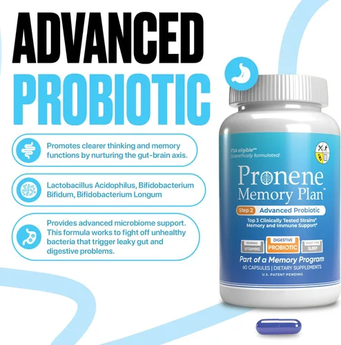 Vista 3 de Pronene Memory Plan Probiótico avanzado Lactobacillus, Bifidobacterium bifidum, Bifidobacterium longum Apoya la inmunidad, microbioma, eje