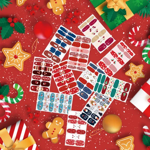 Vista 3 de 20 hojas de calcomanías de esmalte de uñas de Navidad, envolturas completas para mujeres, tiras de gel autoadhesivas de manicura con lima de uñas