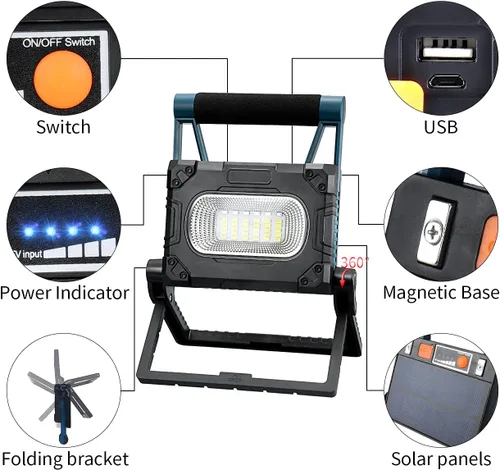 Vista 7 de Luz de trabajo LED de 30 W con soporte USB solar recargable magnética, plegable, portátil, impermeable, 36 LED de 3000 LM, 4 modos, soporte