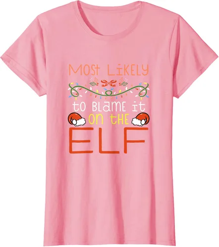 Vista 11 de Camiseta de Navidad familiar a juego con la frase "Most Likely To Blame It On The Elf" Negro