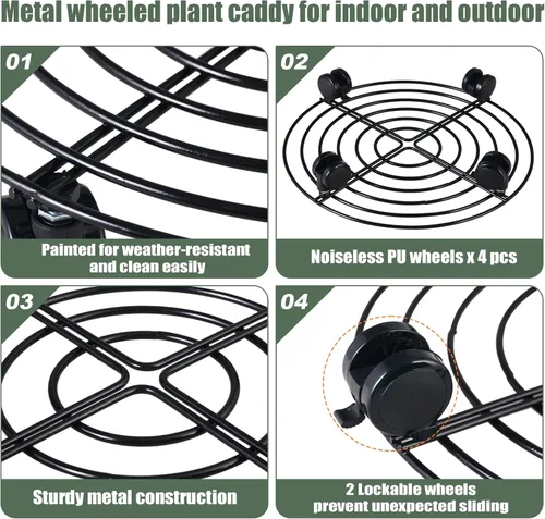 Vista 2 de 6 paquetes de 12 pulgadas de metal grande para plantas con ruedas, soportes rodantes para plantas de hierro forjado, base de rodillos para plantas