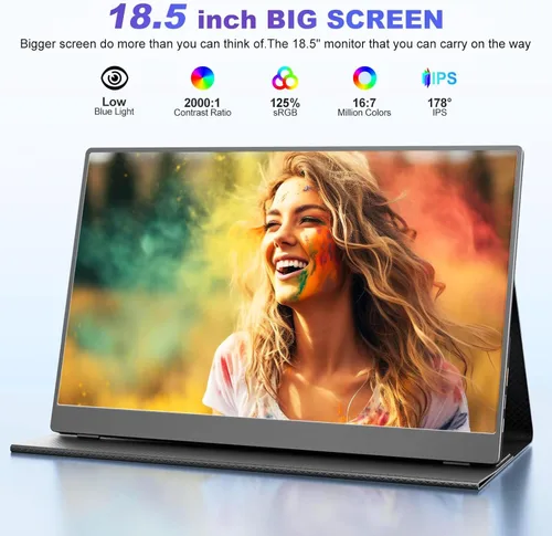 Vista 8 de Monitor portátil grande de 18.5 pulgadas, 120Hz 1080P FHD IPS portátil para viajes, pantalla secundaria para portátil, 125% sRGB, altavoces duales