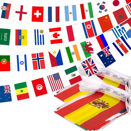 Vista 8 de Bandera de cuerda de 100 países, bandera internacional de 82 pies, decoración de bandera mundial para fiesta de la Copa del Mundo, escuela, eventos