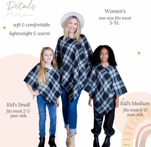Vista 6 de Manta chal envolvente con capa a juego para mamá y yo Boho Open Front Winter Poncho Buffalo Plaid Warm Cardigan