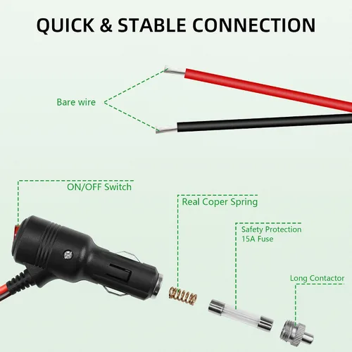 Vista 3 de Adaptador de enchufe de encendedor de cigarrillos de 12 V, 24 V, 16 AWG, resistente, 15 A, repuesto macho a cable desnudo con interruptor