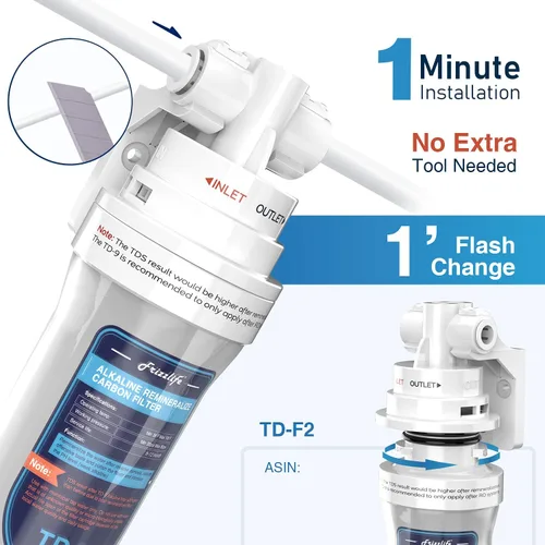 Vista 5 de Frizzlife Filtro de agua alcalino TD-9 para debajo del fregadero, filtro de poste de giro rápido para sistema de ósmosis inversa RO, reduce