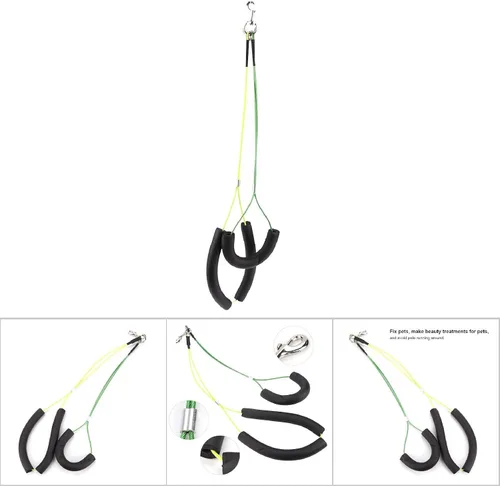 Vista 3 de Oumefar Correa ajustable de aseo para mascotas sin sentar Haunch Holder Restricción Lavado Gargantilla Perros Gatos Aseo Mesa Brazo (Amarillo+Verde)