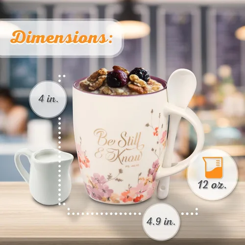 Vista 3 de Taza de café y té con escritura de Christian Art Gifts con juego de cucharas de cerámica para mujeres: Be Still and Know - Salmo 46:10 Mensaje