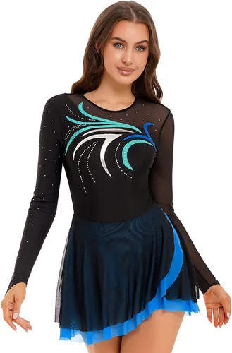 Vista 3 de FEESHOW Vestidos líricos de patinaje artístico para mujer, leotardos de baile de diamantes de imitación, uniformes de baile de ballet mayorette