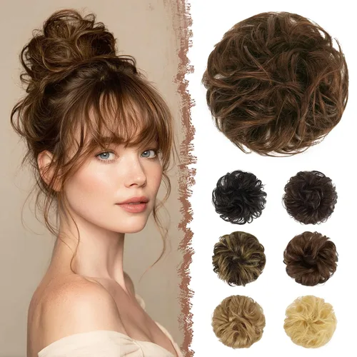 Vista 12 de FESHFEN - Extensiones de moño desordenado humano 100% cabello real, piezas de cabello rizado, extensiones de cola de caballo, cabello ondulado
