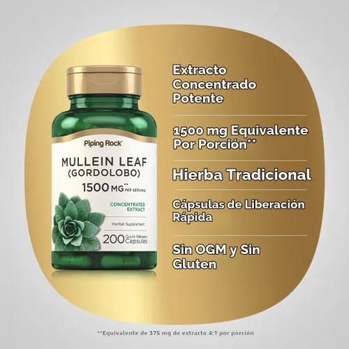 Vista 4 de Piping Rock Extracto de hoja de gordolobo 200 cápsulas Suplemento de Sin OMG, sin gluten
