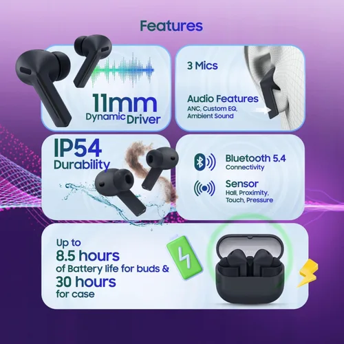 Vista 2 de Samsung Galaxy Buds 3-FE (2025) Auriculares Bluetooth inalámbricos verdaderos, cancelación activa de ruido, llamadas claras, batería de larga