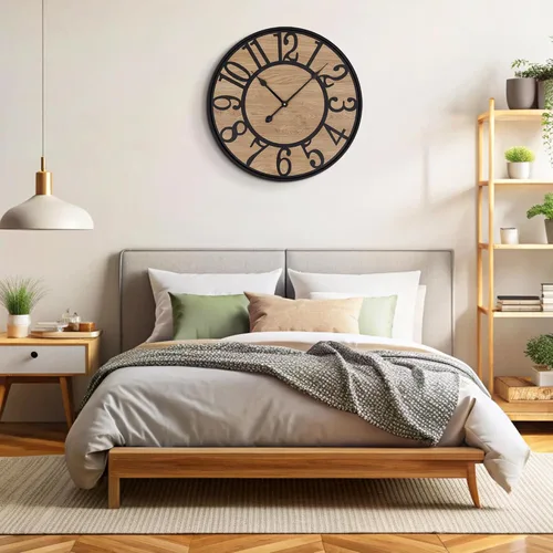 Vista 5 de Reloj de pared Maxstar para sala de estar, de metal y madera, rústico silencioso estilo granja con números arábicos, relojes de pared decorativos
