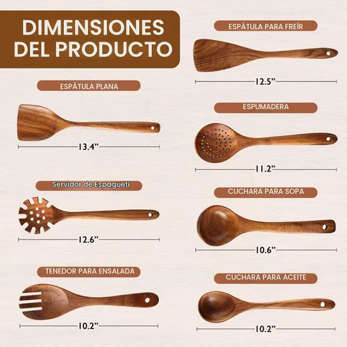 Vista 2 de Cucharas de madera para cocinar, juego de 7 piezas de utensilios de cocina de madera de teca natural, cuchara de madera, espátula, tenedor