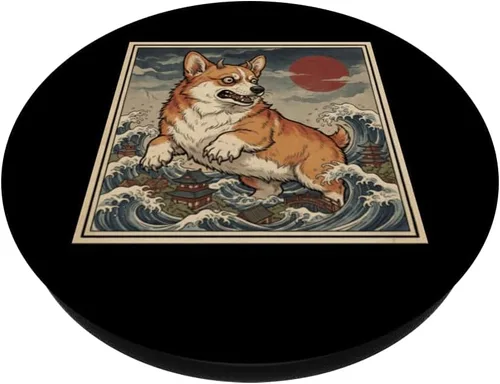 Vista 2 de Giant Corgi Monster Over Japanese Ocean Waves PopSockets Adhesive PopGrip