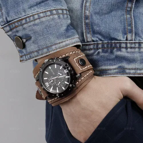 Vista 5 de MINILUJIA Hecho a mano cosido con cuerda de cera para hombre, relojes vintage punk hiphop gótico ancho de cuero genuino brazalete redondo de cuarzo