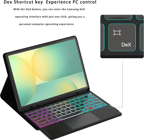 Vista 2 de Funda de teclado para Samsung Galaxy Tab S10 FE+ Plus de 13.1 pulgadas 2025: modo DEX con un solo clic, retroiluminación arcoíris, trackpad