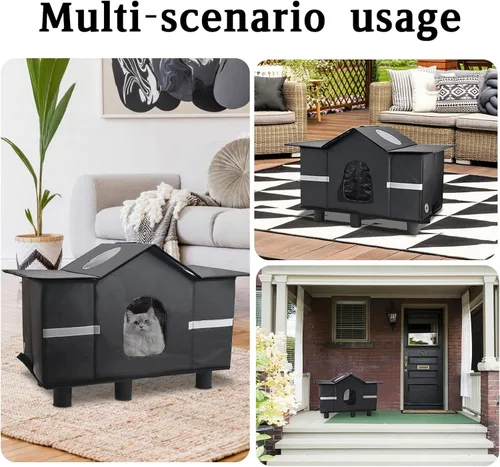 Vista 7 de Casa para gatos al aire libre resistente a la intemperie, refugio aislado para gatos para exteriores con ventana de techo, 100% impermeable, puerta