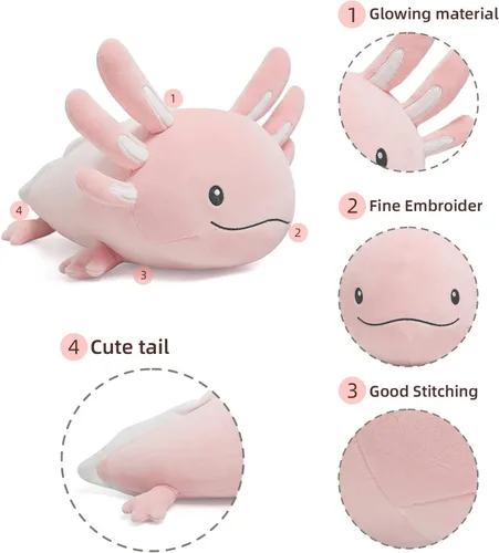 Vista 4 de Niuniu Daddy Peluche de ajolote rosa de 20 pulgadas, luminoso, realista, lindo peluche para niñas y niños, regalos de cumpleaños que brillan