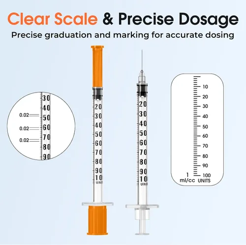 Vista 4 de Jeringa de 1ml 31G 5/16 pulgadas 8mm, Jeringas de Laboratorio Envueltas Individualmente, Paquete de 100